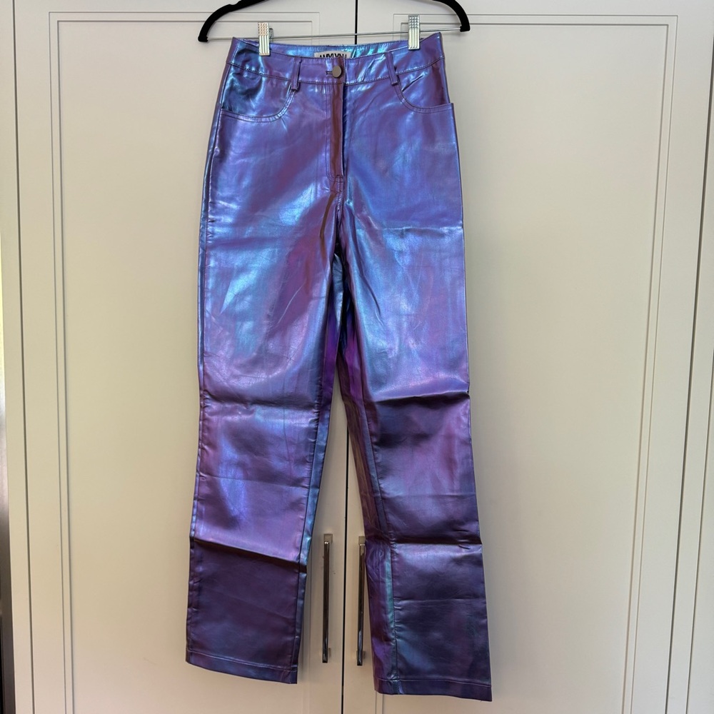AMYLYNN | Purple & Blue Metallic High-Rise Slim Faux-Leather Trousers